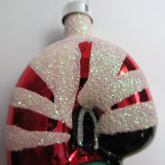 Striped Candy Cane with Gren Bow Glass Christmas Ornament Vintage 4" - Picture 4 of 9